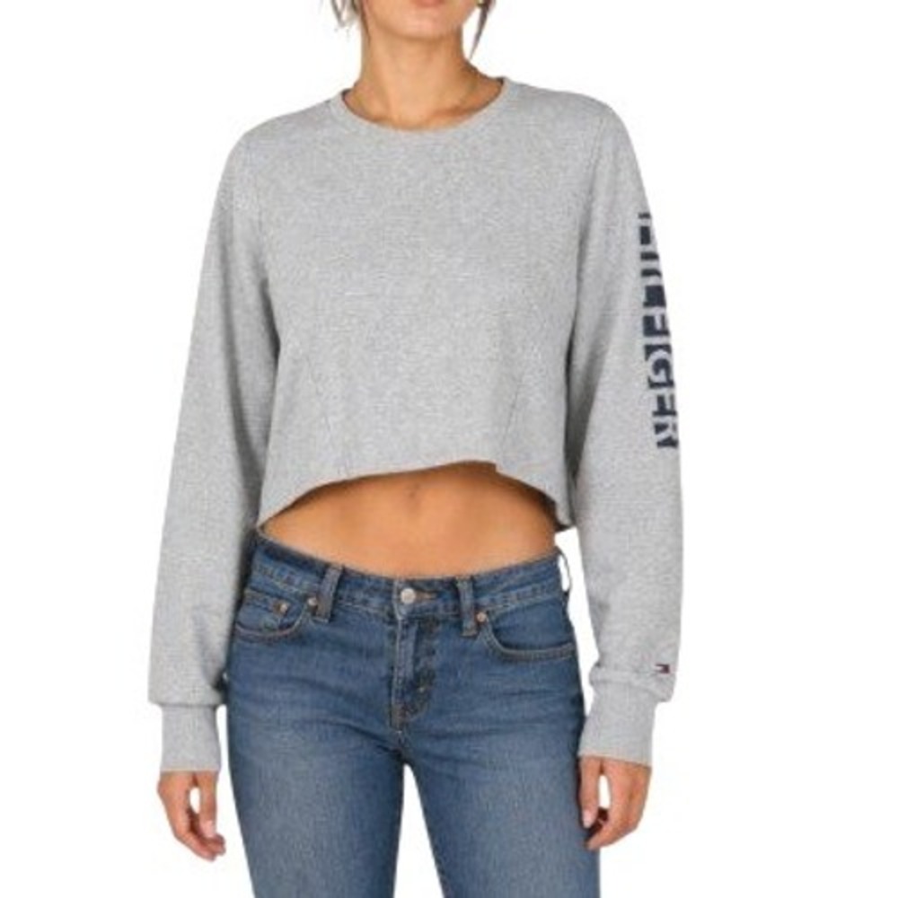 Tommy Hilfiger Cropped Logo Sweatshirt Sz Small Gray Athletic Streetwear Top
